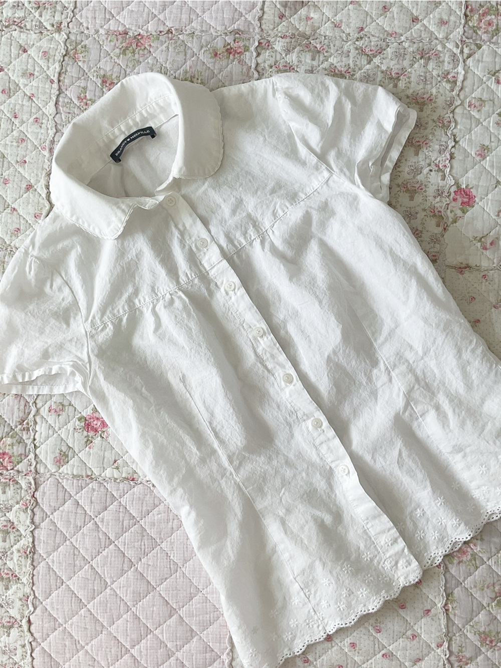 White Eyelet Hem Cotton Button-Up Shirt